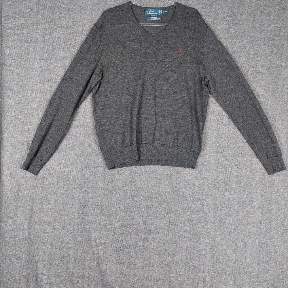 POLO RALPH LAUREN CUSTOM FIT MENS GRAY 100% MERINO WOOL VNECK SWEATER XL *FLAW
